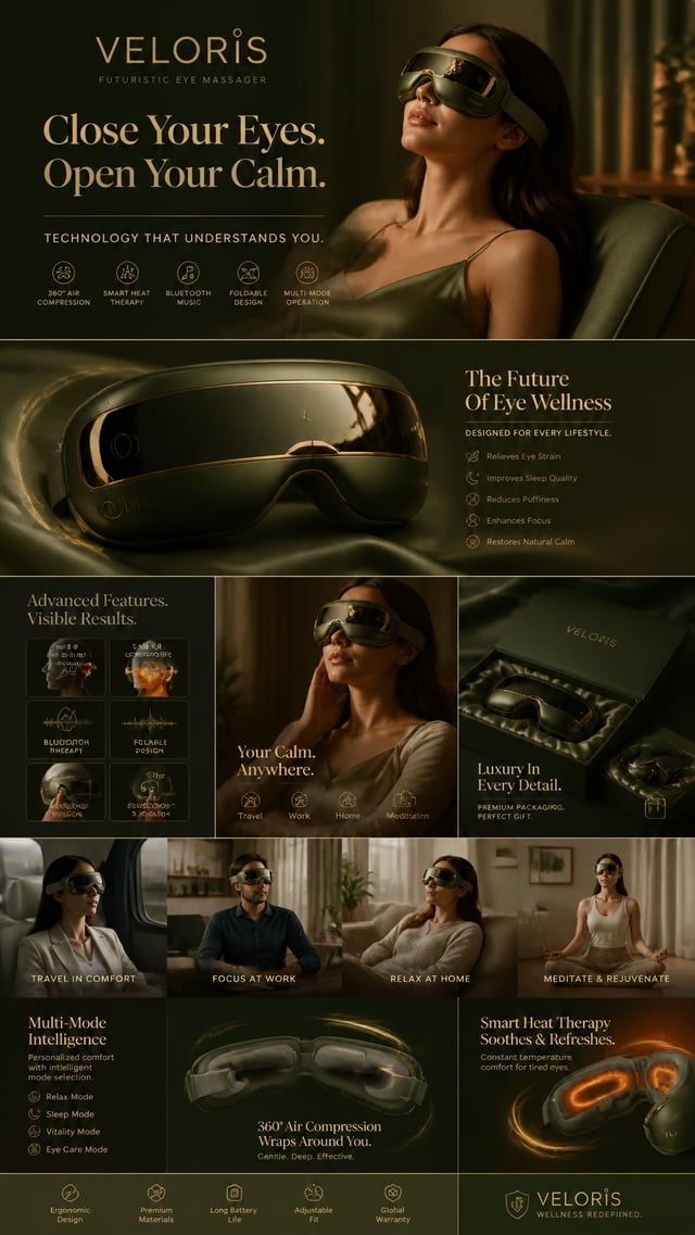 the character in reference image 1 Ultra-premium luxury advertising collage for a futuristic eye mas
