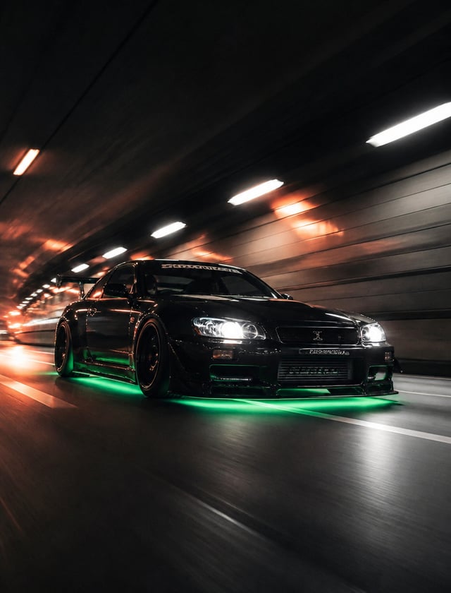 realistic photo, racing car at high speed, the bottom of the racing car is illuminated by neon glow,