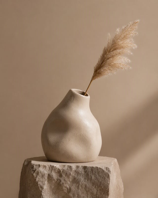 Create a premium still-life product photograph of a handcrafted ceramic vase with organic irregular 