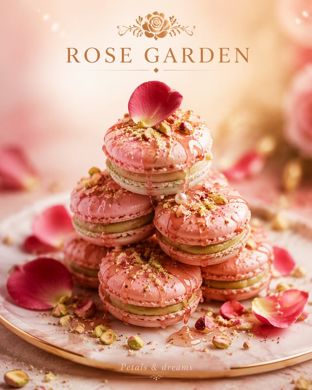 Create an ultra-premium dessert advertising poster for a fictional patisserie "ROSE GARDEN". FORMAT: