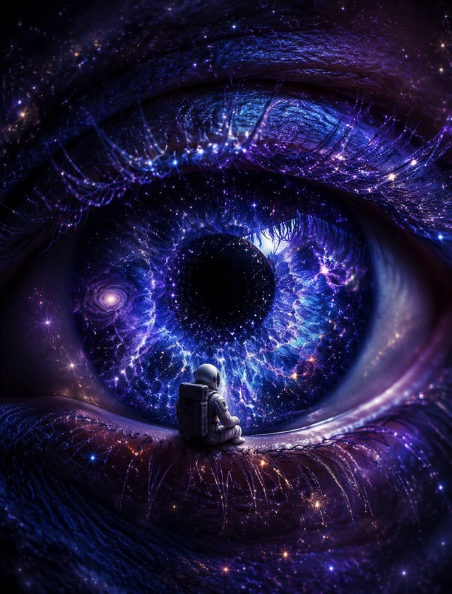 A surreal and captivating image featuring an enormous, highly detailed human eye that serves as a ce