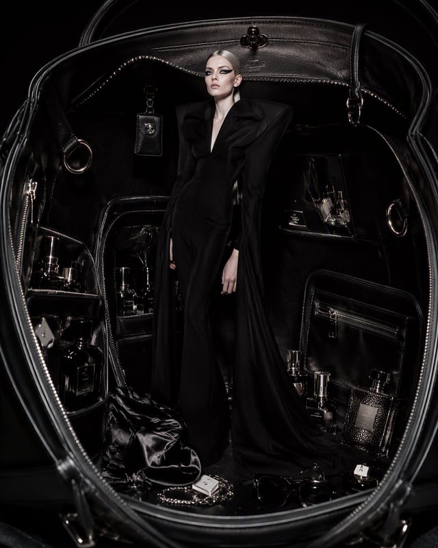 A surreal high-fashion editorial photograph of a young woman standing inside an enormous luxurious b