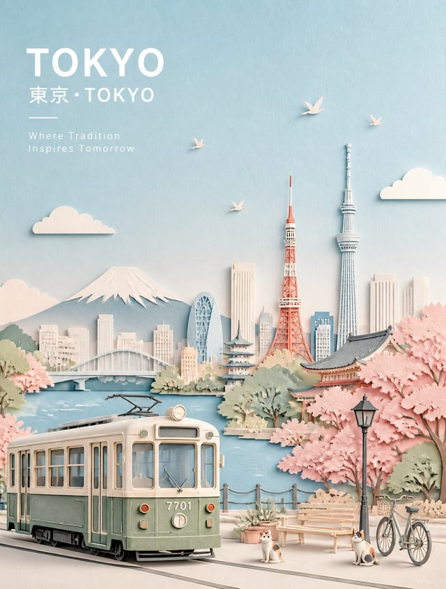 创作一幅精美的[日本东京]宽幅风景旅行海报插画。核心概念：将城市描绘成一幅宁静、优雅、风格化的粉彩纸拼贴画，将城市最具标志性的地标和最易辨识的交通工具巧妙地融合在一个和谐的构图中。插画应呈现出博物馆级