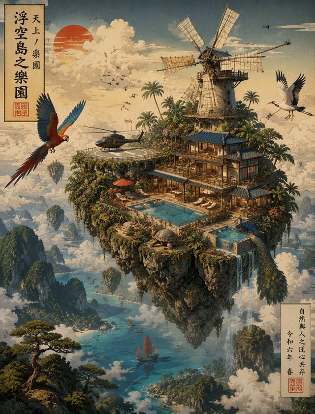 A surreal, Ukiyo-e-inspired 3D render of a floating island in the sky above a lush, tropical landsca