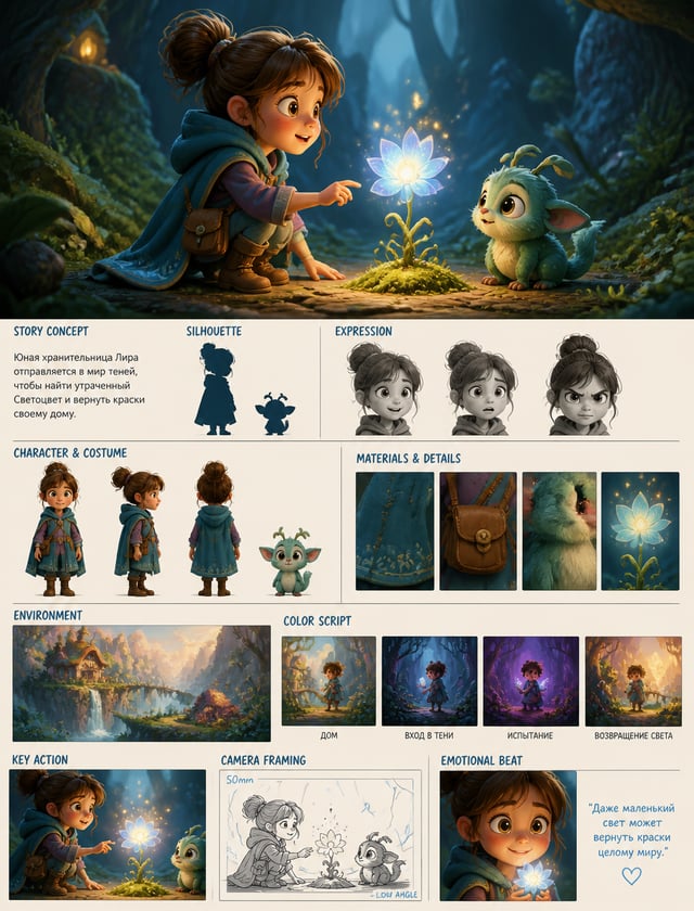 Create a polished animated visual concept for волшебной детской истории. Define silhouette, expressi