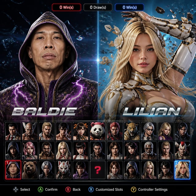 Prompt Description:A detailed screenshot of the character selection screen from a fighting game (lik