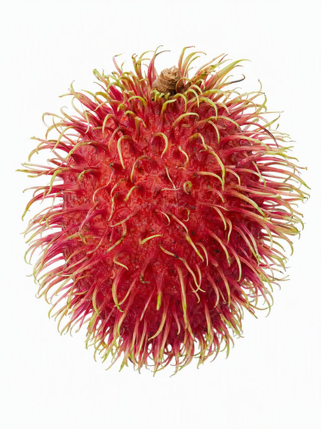 Ultra-realistic macro photography of a single fresh Indonesian rambutan fruit (Nephelium lappaceum),