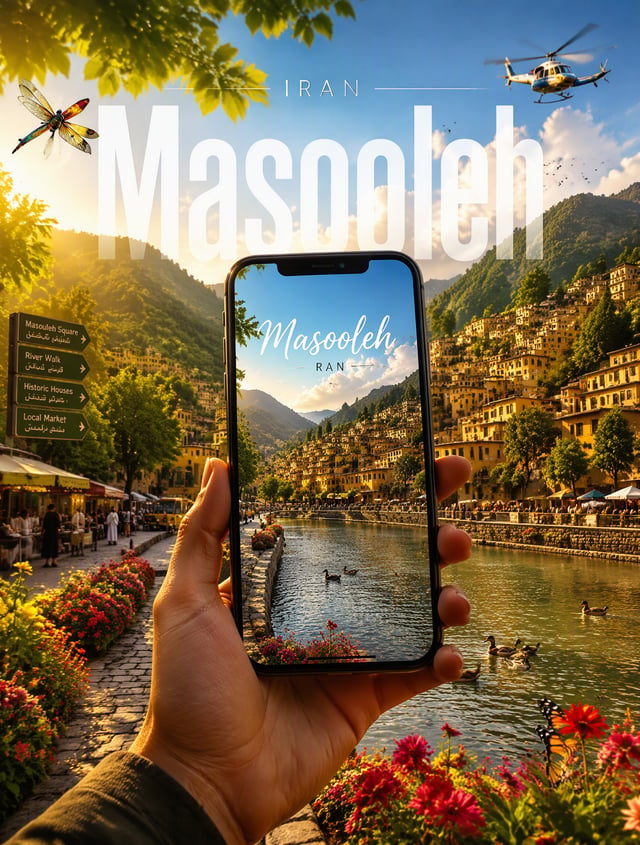 Ultra-realistic, stop-scrolling cinematic travel poster for Masooleh, featuring a modern black smart
