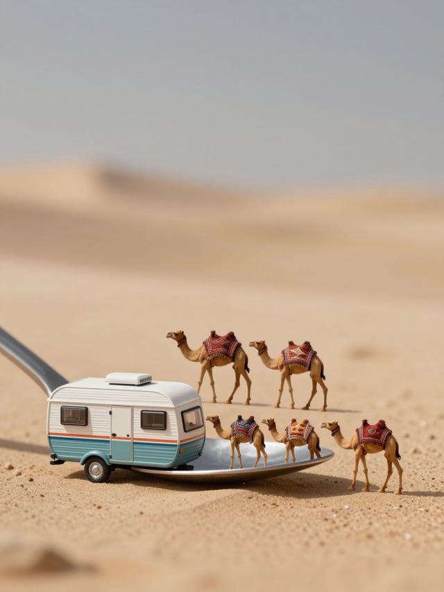 microcosm on a teaspoon, side view, caravan with camels spoon, spoon on the table, beautiful camels 