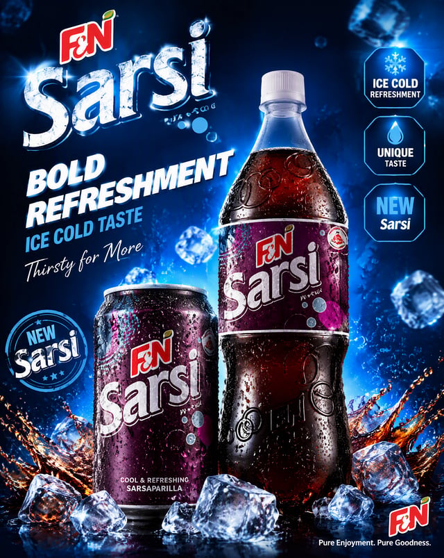 Create a premium Sarsi drinks packaging advertisement poster with a bold, refreshing, and high-end c