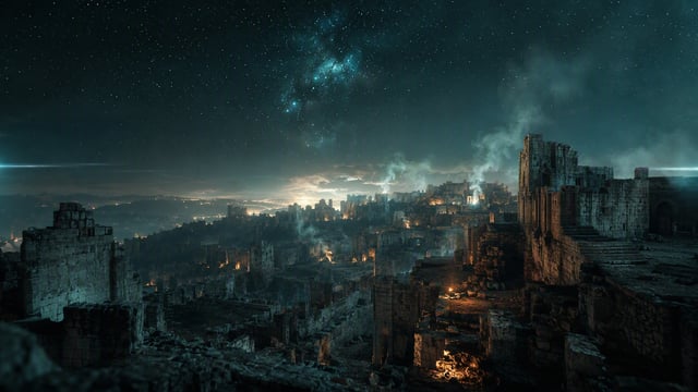 Documentary wide-angle landscape shot of a sprawling ancient hilltop city at night. Captured on a fu