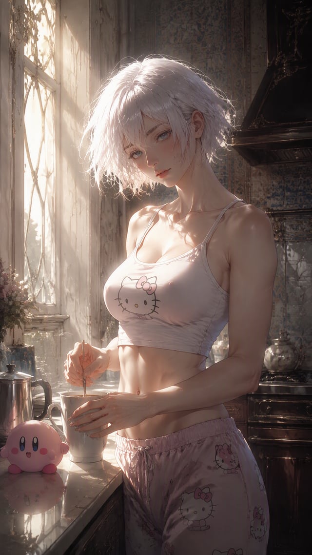 年轻女性在晨曦微光中准备咖啡的场景，日式动画美学与数字绘画风格，画面充满空灵感与静谧的亲密氛围。