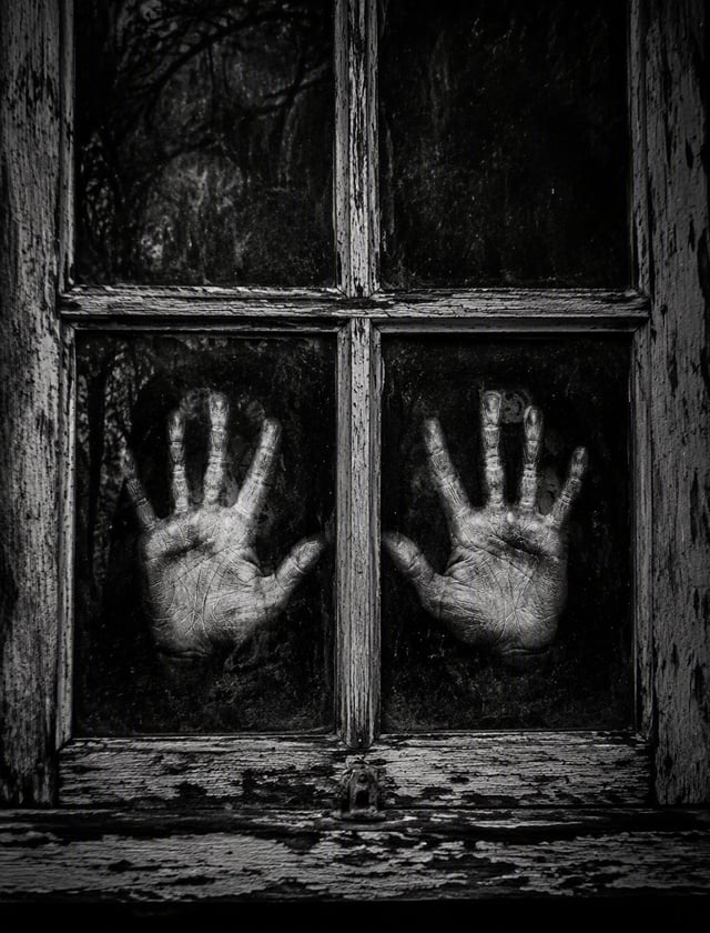 Output: In a vintage eerie black-and-white image, two handprints are pressed against an old, dusty w