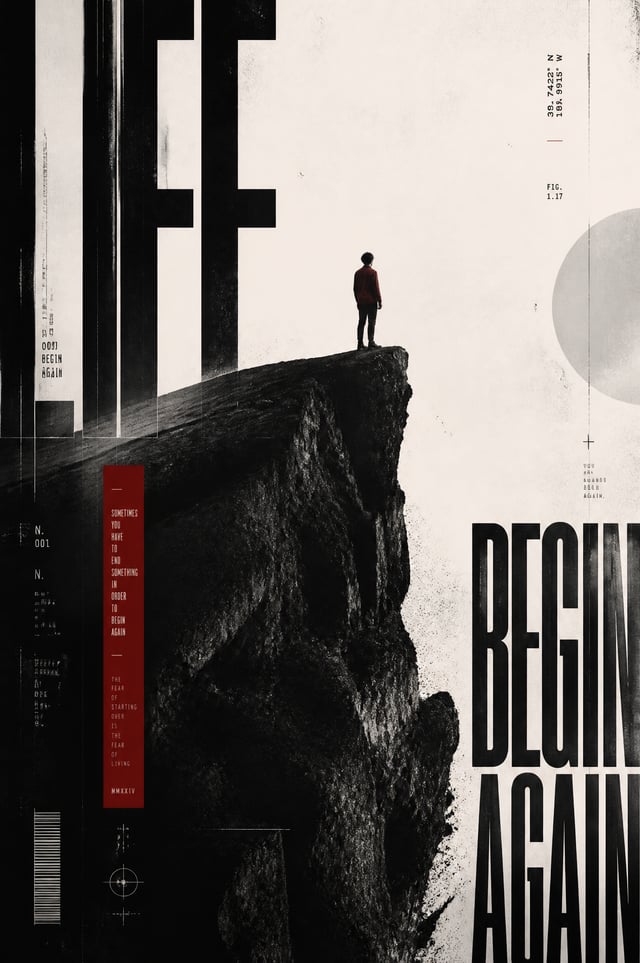 ### Prompt — “LIFE / BEGIN AGAIN” Editorial Poster> Create a sophisticated experimental Swiss-editor