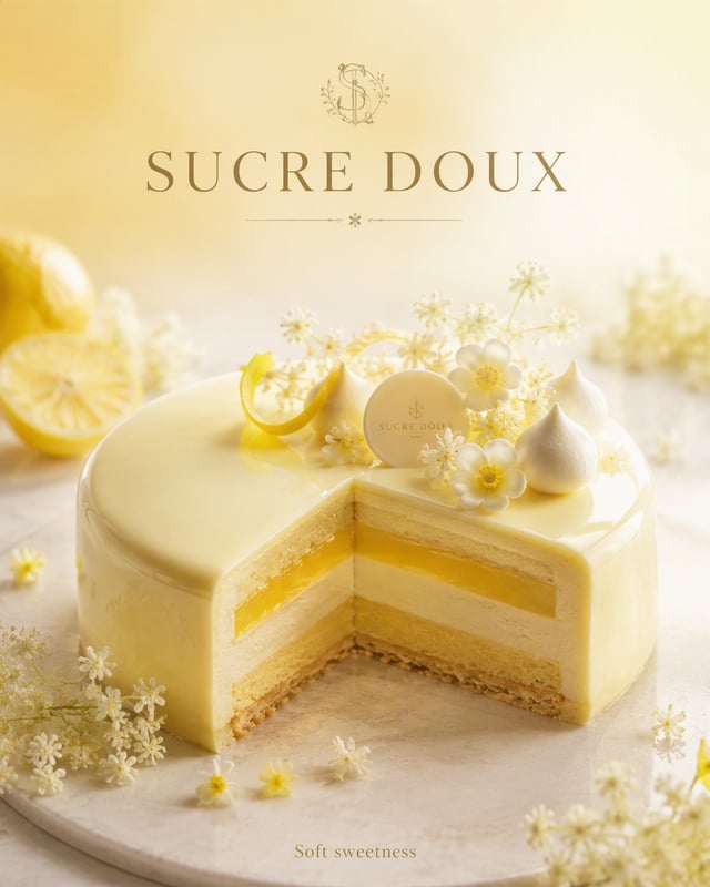 Create an ultra-premium dessert advertising poster for a fictional patisserie "SUCRE DOUX". FORMAT: 