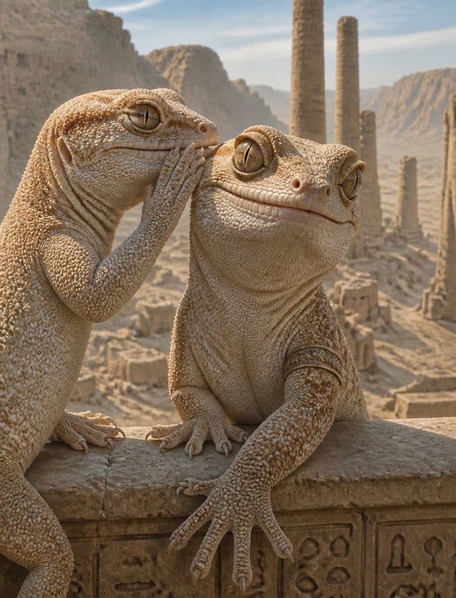 Hyperrealistic painting of two geckos. one is whispering something in the ear of the other, maybe th