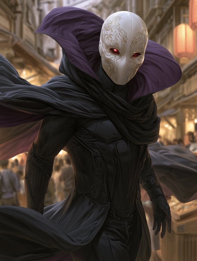 High-quality anime illustration, full-body front view of a tall, elegantly dressed assassin walking 