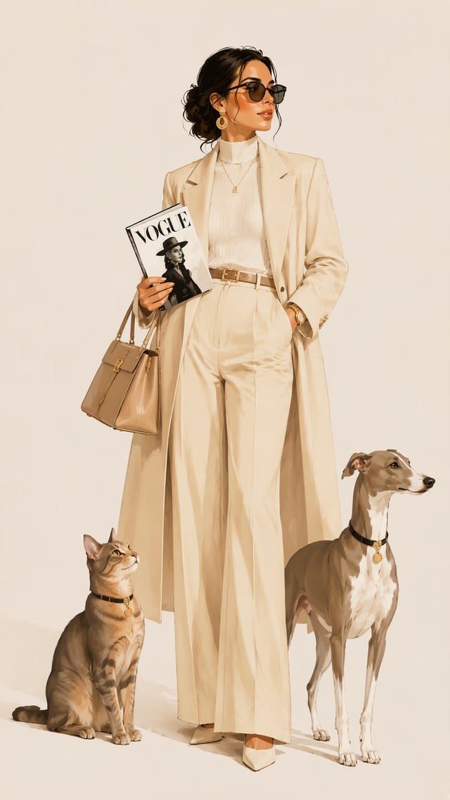 Create a luxury fashion illustration featuring a stylish Asian girl with both a cat and a dog.Style: