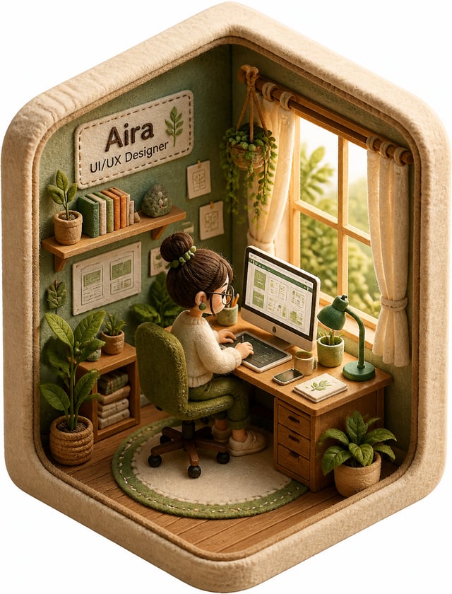 Create a 3D isometric diorama illustration of an original character named [Character Name], peaceful