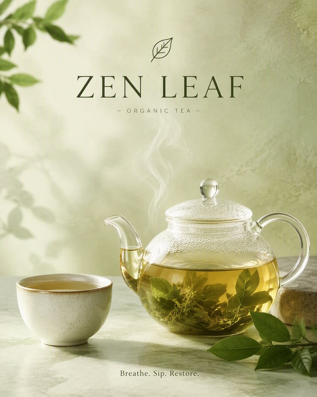 Create a calm premium advertising poster for a fictional organic tea brand "ZEN LEAF". FORMAT: 4:5 v