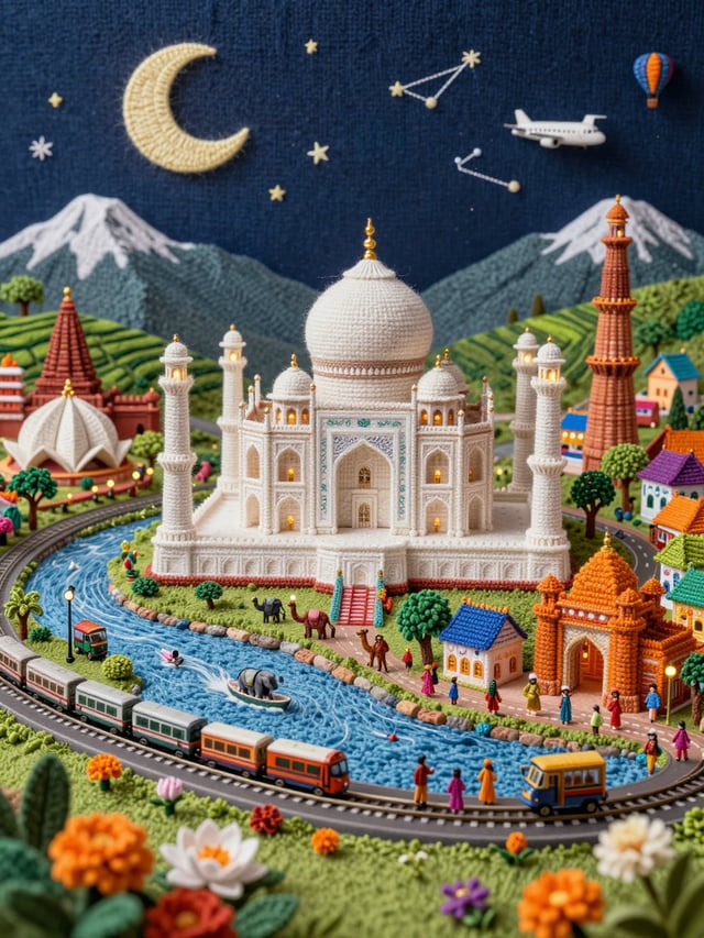 INDIA – Knitted Miniature DioramaA hyper-realistic detailed 3D macro photography shot of a miniature