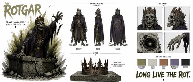Create a premium cinematic character bible sheet for a mythical creature named ROTGAR, a zombie king
