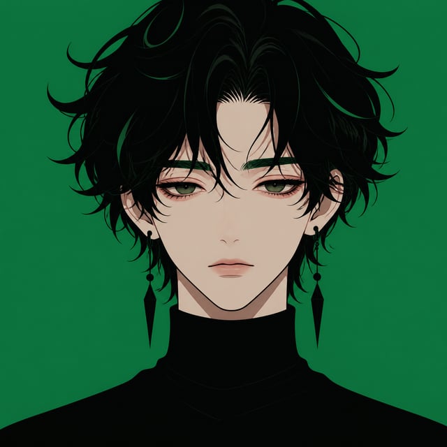 A stylized anime portrait presents an androgynous young person facing directly forward, framed from 