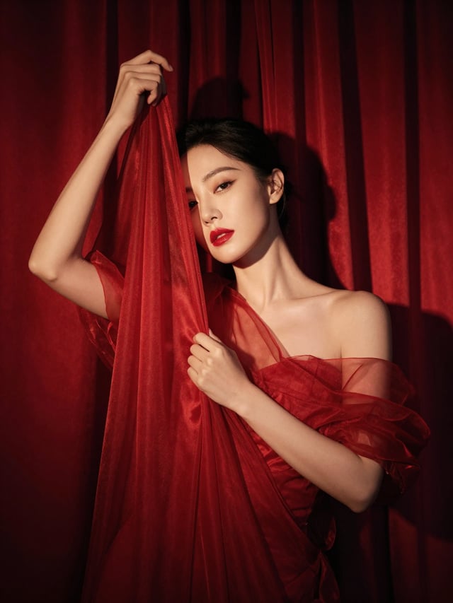 A poised woman in a sculptural translucent red draped garment grips a gathered curtain above her hea