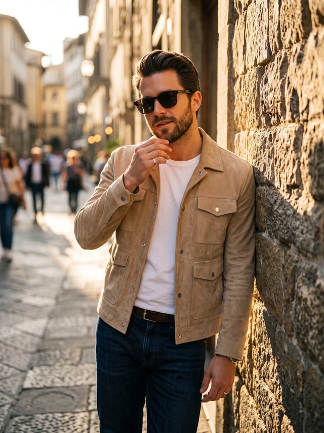 A cinematic golden hour portrait of a stylish man leaning against a textured stone wall, wearing dar