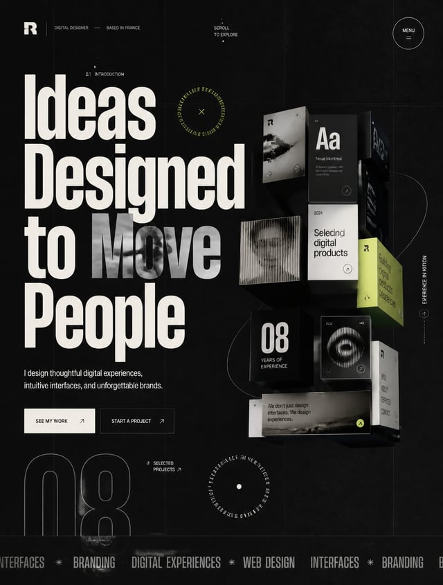 Design a unique portfolio hero section that combines modern editorial design with subtle brutalism.L