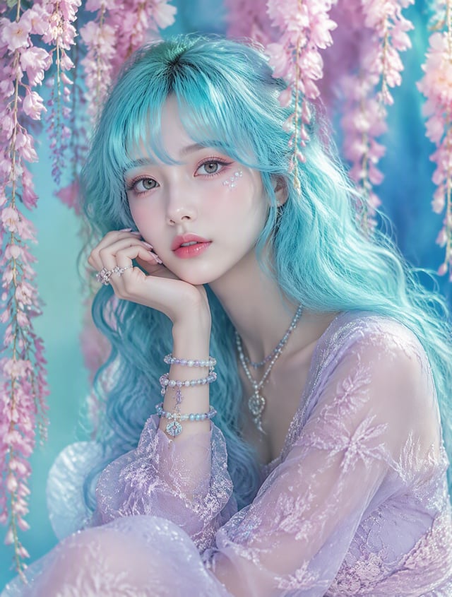 A highly detailed, ultra-realistic portrait of a young woman in a dreamy pastel fantasy setting. She