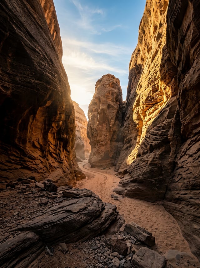 Towering sandstone cliffs form a narrow desert slot canyon, their eroded vertical walls converging t