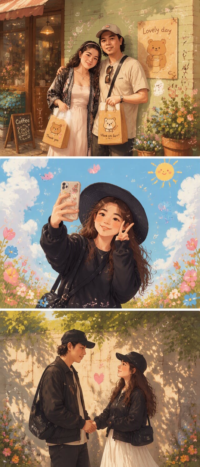 Whimsical Korean-inspired illustration, soft pastel color palette, cozy aesthetic, hand-painted digi
