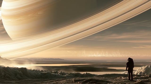 Fotografía cinematográfica hiperrealista de un astronauta solitario de pie en la superficie de metan