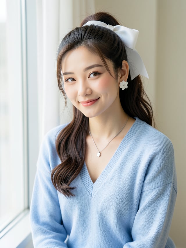 超高画質 8K HDR ラグュジュアリーライフスタイルポートレート。22歳から26歳の美しい東アジア人女性。顔立ち、髪型、表情、スタイリングを忠実に再現。柔らかな卵型の輪郭、輝くキャッチライトが入った