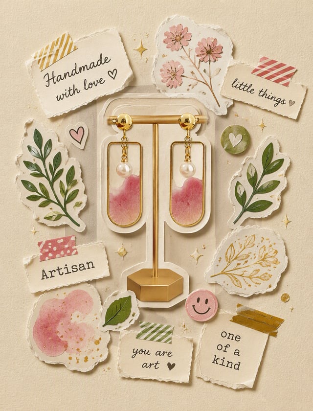 A central subject (the refrence earrings ) [image2]surrounded by sticker elements that feel cut-out 