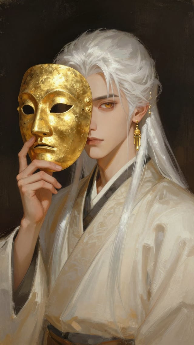 masterpiece, best quality, absurdres, safe,  A digital painting depicts a young man with white hair 