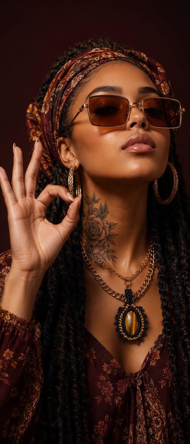 Photorealistic close-up portrait of a glamorous young woman with warm brown skin, looking slightly u