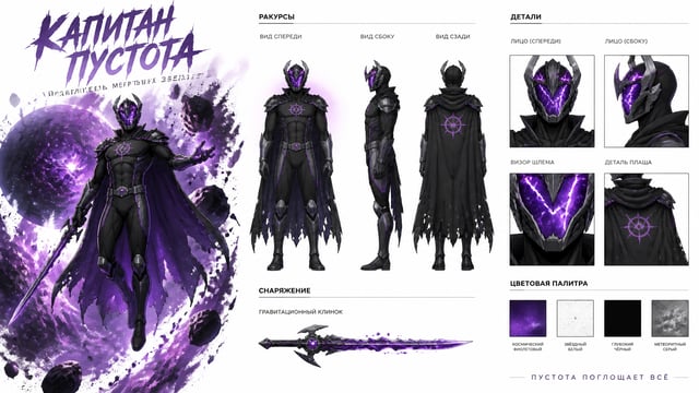 Create a premium cinematic character bible sheet for a villain named CAPTAIN VOID. Use the uploaded 