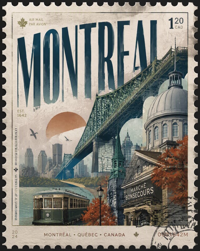 Design a premium 4:5 collectible postal-stamp poster for Montreal, where the entire composition is o
