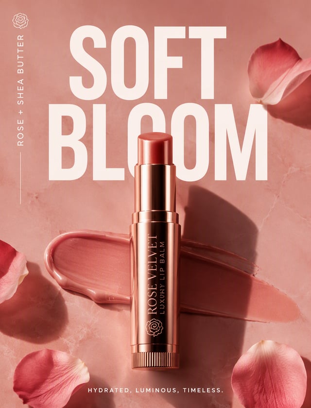 Create a premium vertical product advertising poster for a fictional luxury lip balm brand "ROSE VEL