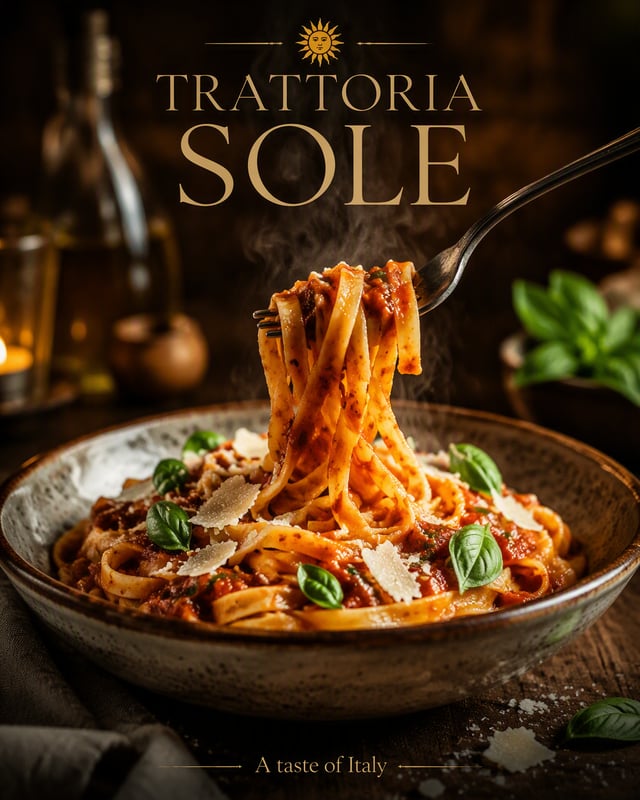 Create a cinematic gourmet food editorial poster for a fictional Italian restaurant "TRATTORIA SOLE"