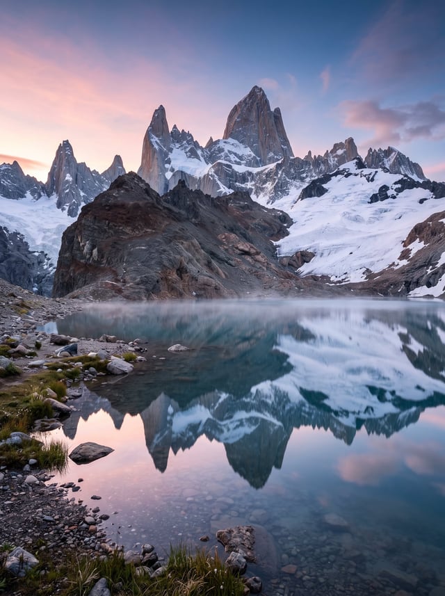Jagged, towering snow-capped mountain peaks rising sharply against a vast horizon, pristine alpine l