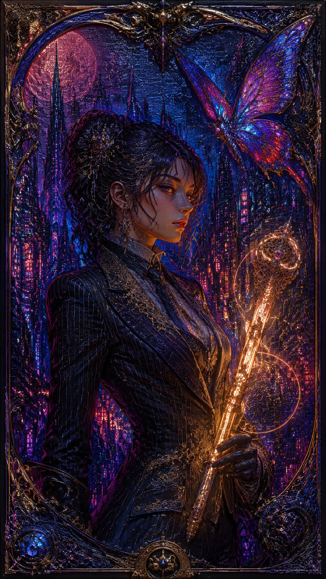 A mesmerizing, hyperrealist digital illustration of an anime-style femme fatale cyber-ninja hitman a