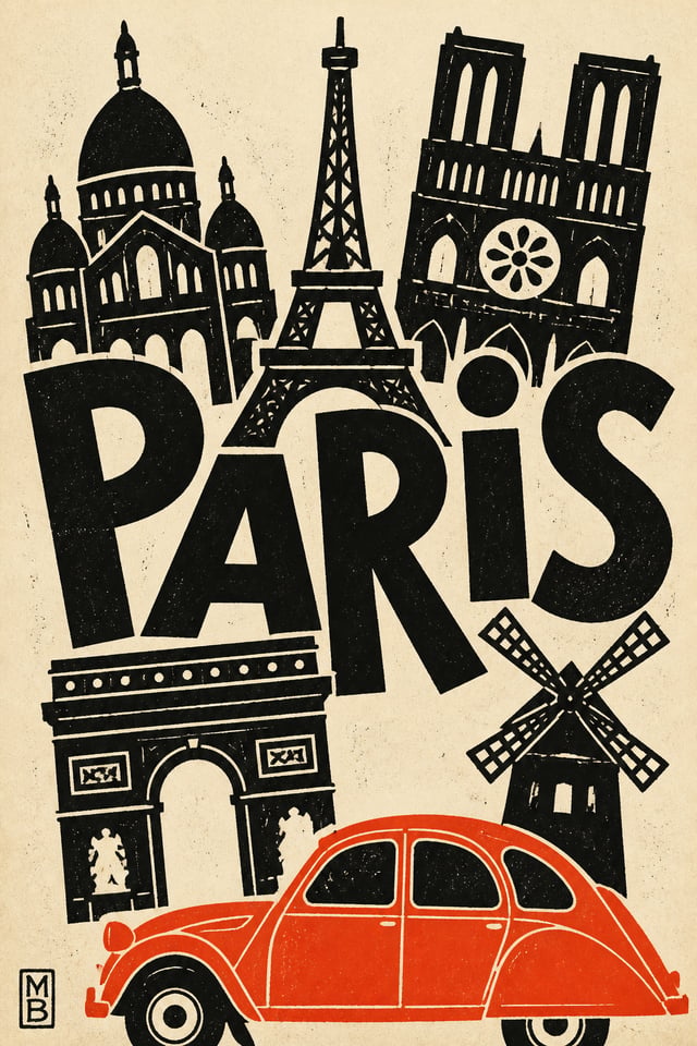 CITY = PARIS. Create a bold tourist poster {PARIS} using the linocut / paper‑cutting technique, vert