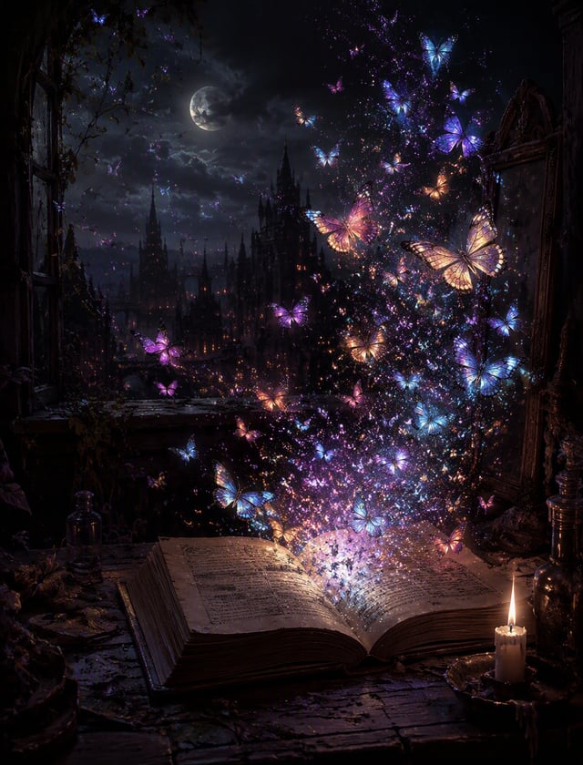 Imagine a (((magical scene))), where (((colorful and glowing sparkling butterflies))) emerge from a 