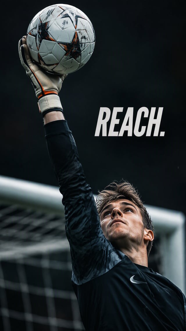 Create a premium 9:16 sports editorial.Main Subject:Young male football goalkeeper.Creative Directio