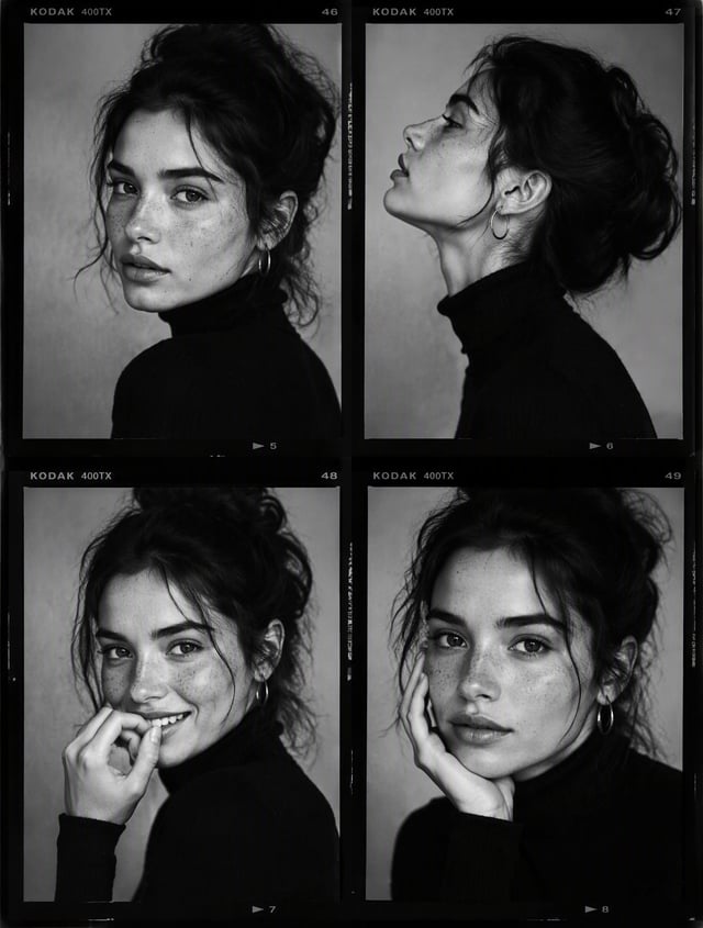Ultra-viral black-and-white luxury fashion casting contact sheet portrait of a striking young woman 