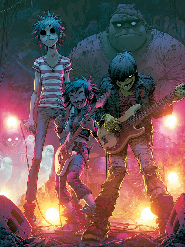 High-quality band poster of Gorillaz in the signature Jamie Hewlett 2D art style. Featuring all 4 me