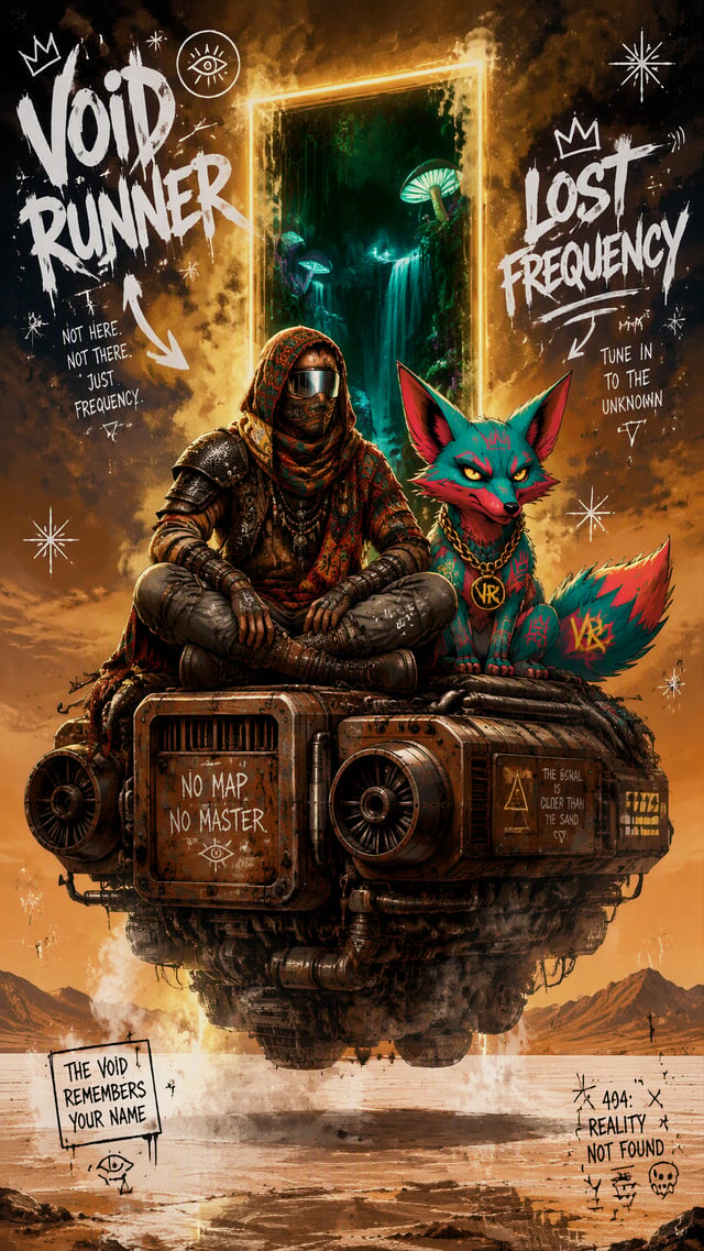 A full-page experimental illustration depicting a futuristic desert nomad sitting cross-legged atop 